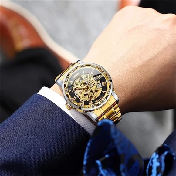 Retro Manual Mechanical Skeleton Watch with Diamond and Carving Flower, Gold 1 - Picture 6 of 6